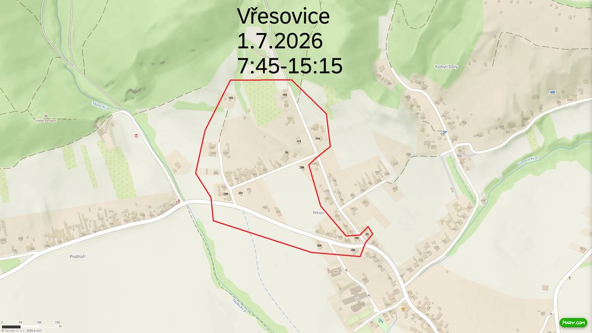 Dne 1. 7. 2026 od 7:45 do 15:15 hod. Vypnutá oblast Sady, Příhon-horní část, nad mateřskou školou.