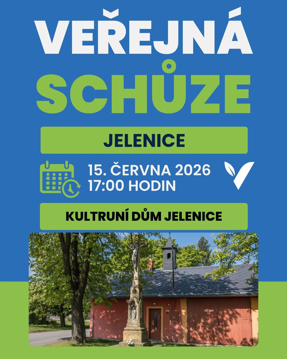 V pondělí 15. června od 17 hodin se v místním kulturním domě uskuteční veřejná schůze s obyvateli Jelenic.    Přijďte diskutovat se zástupci města.