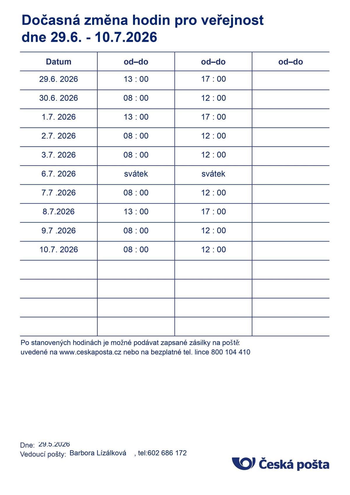 Pošta Partner informuje občany o dočasné změně hodin pro veřejnost od 29. 6. do 10. 7. 2026.