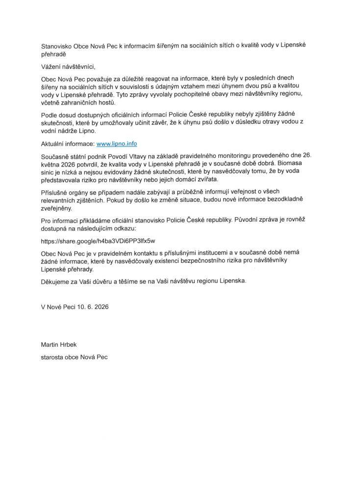 Stanovisko obce Nová Pec k informacím o kvalitě vody v Lipně