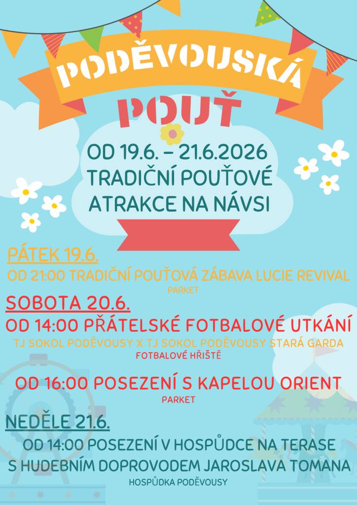 Tradiční pouť v Poděvousích se koná od 19. do 21. června 2026 a slibuje bohatý program pro všechny návštěvníky. V pátek začne zábava s Lucie Revival, v sobotu se můžete těšit na fotbalové utkání a posezení s kapelou Orient. Neděle pak nabídne hudební doprovod Jaroslava Tomana v hospůdce na terase.