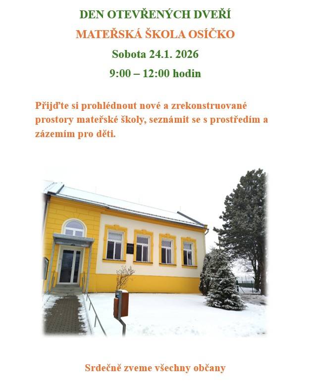 Zveme vás na den otevřených dveří MŠ Osíčko v sobotu 24.1.2026 od 9:00 do 12:00 hodin.