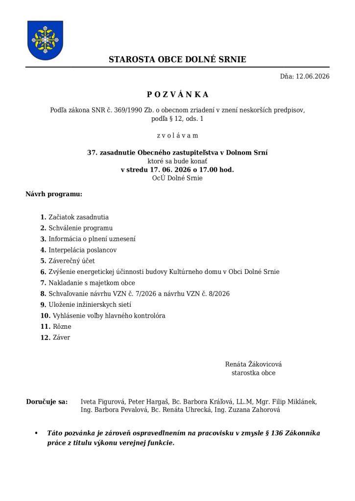 Pozvánka na 37. zasadnutie OZ v Dolnom Srní