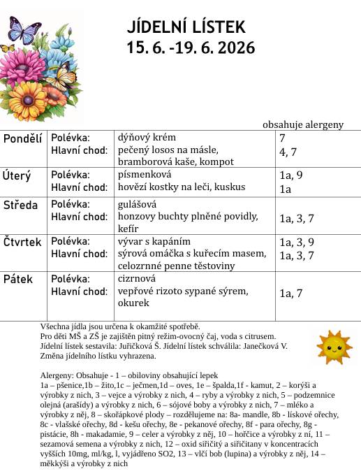 Jídelní lístek od 15. 6. do 19. 6. 2026
