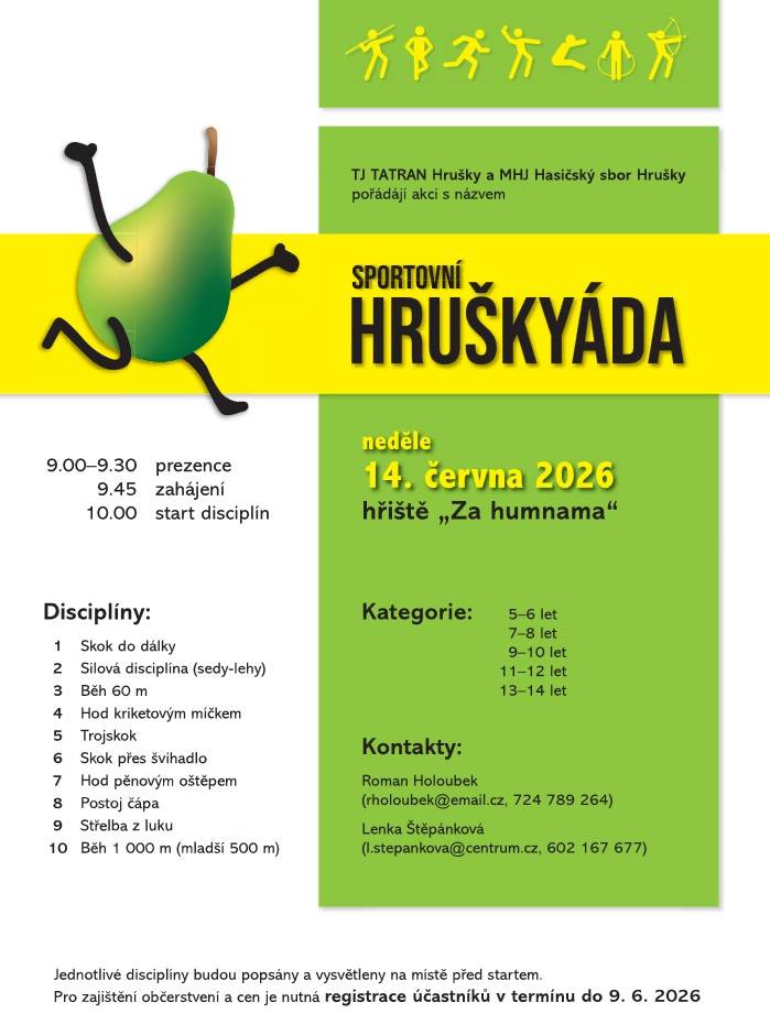 Hruškád se koná v neděli 14. června 2026. Akce začíná prezencí v 9:00, následovanou zahájením v 9:45. Účastníci se mohou zúčastnit různých disciplín, včetně skoku do dálky, běhu na 60 metrů a hodu kriketovým míčkem. Před startem budou jednotlivé disciplíny podrobně vysvětleny. Nezapomeňte se registr
