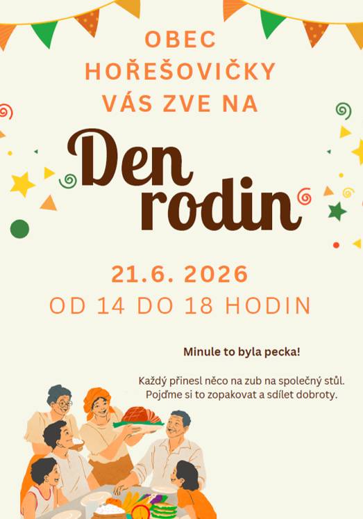 21.6.2026 se v naší obci opět uskuteční akce Den rodin. Přijďte si to s námi a vašimi blízkými užít. Den je věnován matkám, otcům i dětem, a proto prosíme dospělé, aby své děti zaregistrovali v přiloženém odkaze (který nalezntete v přiloženém Wordovém souboru) :-), děkujeme.