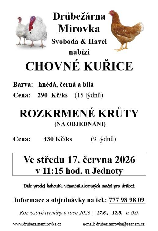 DRŮBEŽÁRNA MÍROVKA, Svoboda-Havel, prodává  ve středu 17. června 2026 v 11:15 hod. u Jednoty  nosné kuřice (hnědé, černé) - stáří 15 týdnů, cena 290 Kč  a rozkrmenné krůty - stáří 9 týdnů, cena 430 Kč    Objednání (doporučujeme) je možné na tel.: 777 98 98 09 nebo drubez.mirovka@seznam.cz.