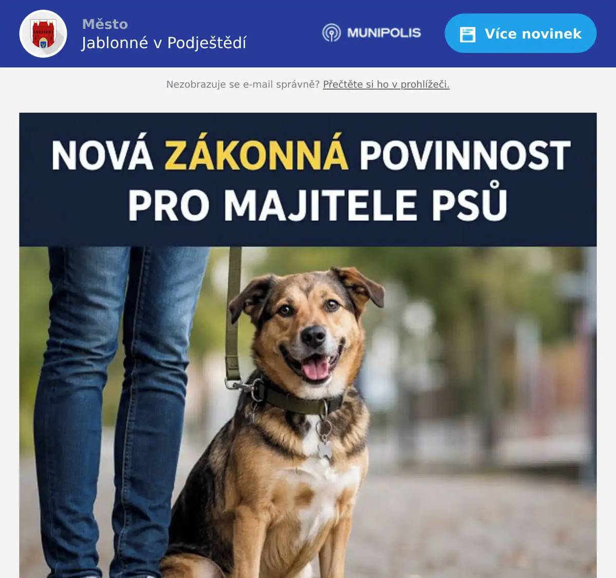 Centrální evidence psů byla zavedena novelou veterinárního zákona a povinná registrace se vztahuje na všechny psy.  CO JE DŮLĚŽITÉ VĚDĚT?  Štěňata budou do evidence zapisována při čipování ještě před předáním novému majiteli. Dospělí psi musí být zapsáni nejpozději při nejbližším očkování nebo přeočkování proti vzteklině. Zápis do Centrální evidence psů není automatický. Chovatel musí o zápis svého psa veterinárního lékaře aktivně požádat. Registrace psa v soukromých registrech ani v registrech petpasů nenahrazuje povinný zápis do Centrální evidence psů. Za správnost a aktuálnost údajů vedených v evidenci odpovídá chovatel psa. Ministerstvo zemědělství doporučuje před návštěvou veterinárního lékaře vyplnit registrační formulář, který je k dispozici na stránkách Centrální evidence psů.  Podrobné informace, formuláře a odpovědi na nejčastější dotazy. 
