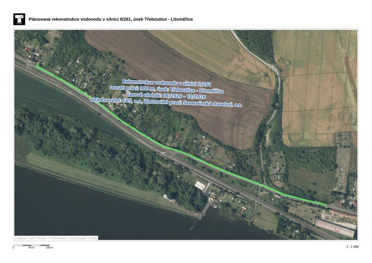 V období 06/2026 - 10/2026 bude probíhat 2. etapa rekonstrukce vodovodu v úseku Třeboutice - Litoměřice, avšak pouze v k.ú. Třeboutice a mimo zastavěné území této místní části naší obce. Jedná se o pracovní úsek v délce 900 metrů.
