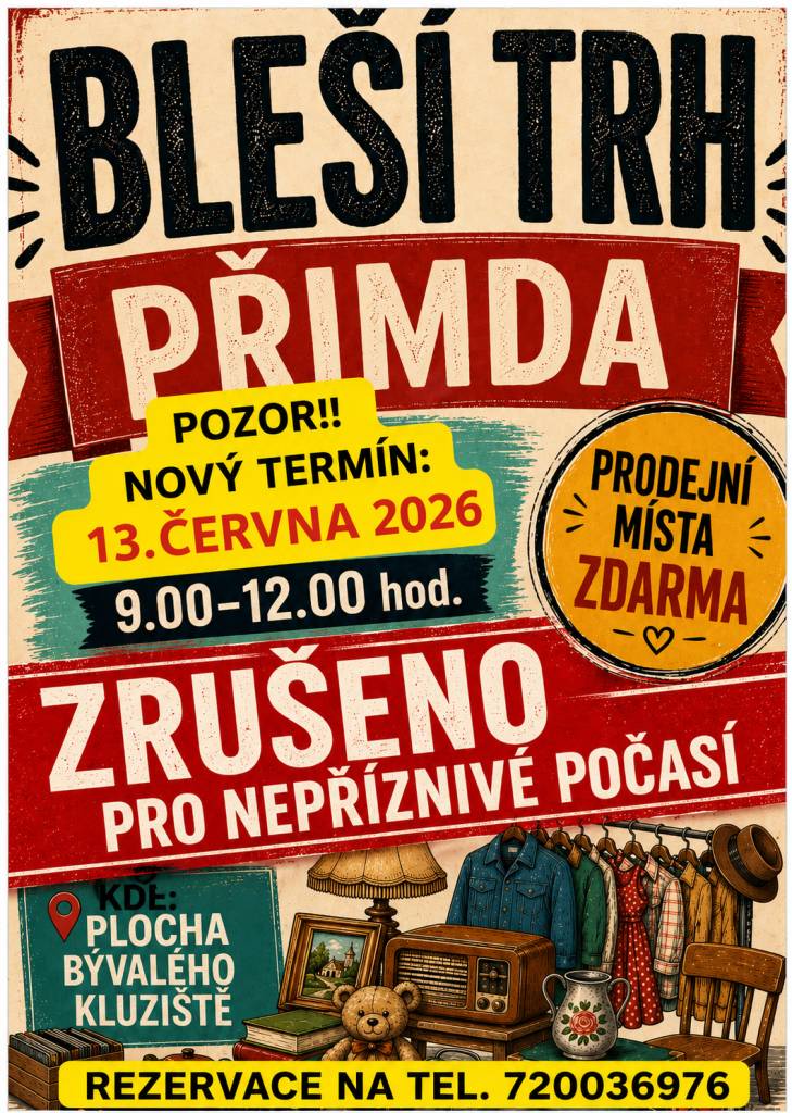 Pro nepříznivé počasí je BLEŠÍ TRH v sobotu 13.6.2026 ZRUŠEN!