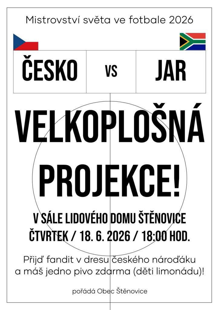 V SÁLE LIDOVÉHO DOMU ŠTĚNOVICE ve čtvrtek 18. června 2026 od 18.00 hodin  PŘIJĎ ZAFANDIT V DRESU ČESKÉHO NÁROĎÁKU A MÁŠ JEDNO PIVO ZDARMA (DĚTI LIMONÁDU)!
