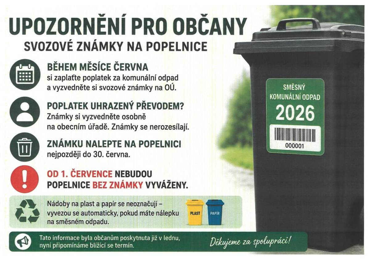 Občané jsou upozorněni na nutnost vyzvednutí svozových známek na popelnice, které je nutné nalepit do 30. června 2026. Známky si mohou vyzvednout osobně na obecním úřadě, protože se nerozesílají. Je důležité mít na paměti, že od 1. července 2026 nebudou popelnice vyváženy bez nalepené známky.