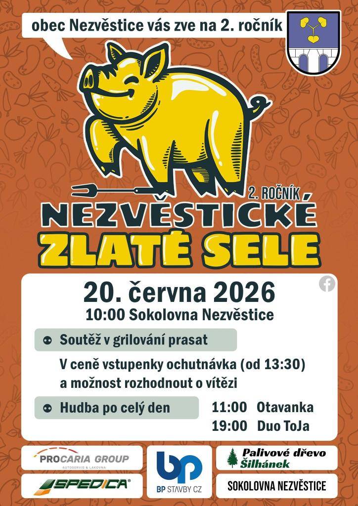 Srdečně vás zveme na tradiční akci Nezvěstické sele, která se uskuteční 20. června 2026 v Sokolovně Nezvěstice. Soutěž v grilování prasat začne v 10:00 a v ceně vstupenky je ochutnávka od 13:30.