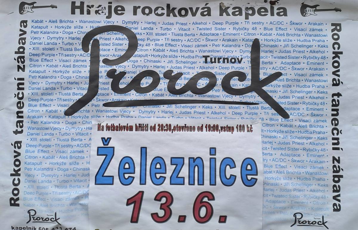 Sbor dobrovolných hasičů v Železnici vás srdečně zve na tradiční letní „Rockovou taneční zábavu“, na které na fotbalovém hřišti v sobotu 13. června 2026 od 20:30 hodin zahraje skupina Prorock Turnov. Areál je otevřen od 19 hodin. Vstupné 180 Kč.