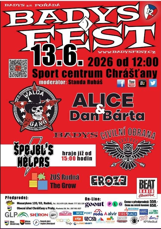 V sobotu 13.6.2026 se v Chrášťanech uskuteční další ročník Badysfestu. Vstupenky lze zakoupit v předprodeji i na OÚ Chrášťany.