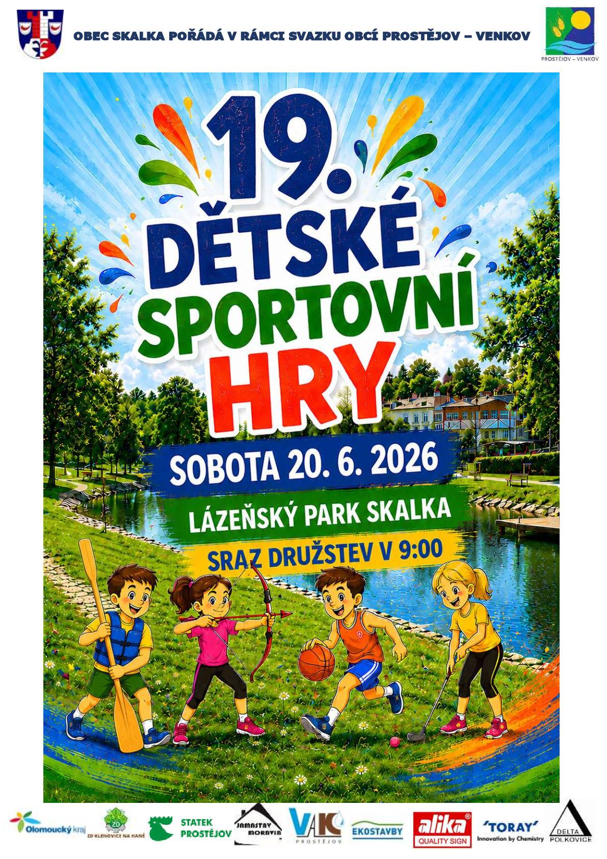 V sobotu 20. 6. 2026 se konají od 9:00 hod v lázeňském parku 19. dětské sportovní hry svazku obcí Prostějov - venkov. Soutěžit v 11 disciplínách bude 11 týmů mladších žáků a 11 týmů starších žáků z členských obcí svazku Prostějov - venkov. Přijďte fandit a podpořit soutěžící.   😀