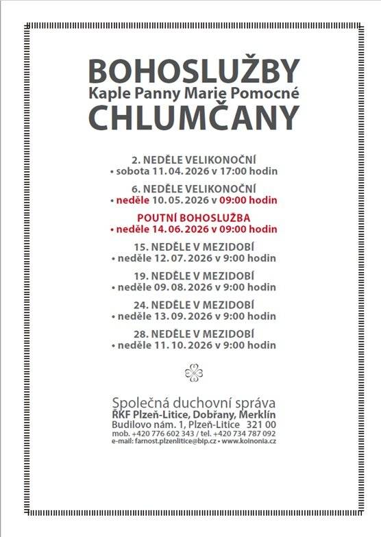 Vážení spoluobčané, sousedé a přátelé, srdečně vás zveme na poutní mši svatou, která se uskuteční tuto neděli 14. června od 9:00 hodin v naší kapli Panny Marie. Přijďte společně prožít sváteční dopoledne, připomenout si naše tradice a potkat se se sousedy.