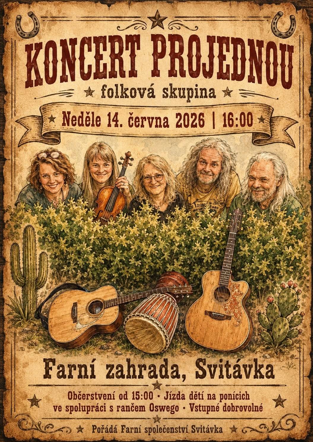 Farní společenství zve na koncet folkové skupiny PROJEDNOU, který se uskuteční na farní zahradě v neděli 14.6. v 16 hod.