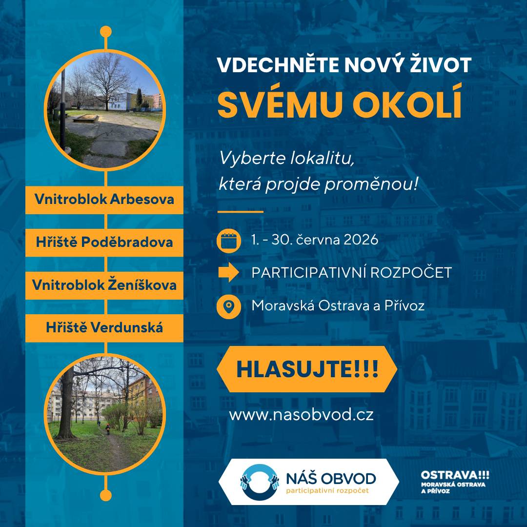Rozhodněte, která místa v Moravské Ostravě a Přívozu mají získat šanci na proměnu.Hlasováním v participativního rozpočtu Náš obvod, můžete podpořit jednu ze čtyř navržených lokalit. Vybrat můžete mezi těmito návrhy: Vnitroblok Arbesova Proměna zanedbaného prostoru mezi mateřskou školou a okolní zástavbou na bezpečné místo pro děti, rodiny i seniory – s herními prvky, lavičkami a více zelení. Hřiště pro malé i velké Poděbradova – 30. dubna Nový prostor pro aktivní trávení volného času s hřištěm pro menší i starší děti, místem pro setkávání sousedů a odpočinek. Zelený vnitroblok Josefa Lady – Ženíškova Vznik zelené oázy s komunitními zahrádkami, přírodními herními prvky a prostorem pro relaxaci i sousedská setkávání. Dětské hřiště Verdunská Nové hřiště, více zeleně, příjemnější prostředí a bezpečnější prostor pro rodiny s dětmi. Každý návrh vznikl od lidí, kteří v těchto lokalitách žijí, pracují nebo zde tráví svůj čas. Teď je řada na vás rozhodnout, která proměna je podle vás nejdůležitější. Hlasovat můžete do 30. června. Na webu nasobvod.cz. Váš hlas může rozhodnout o tom, jak bude vypadat naše okolí v budoucnu.