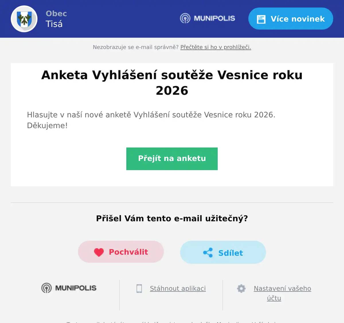 Hlasujte v naší nové anketě Vyhlášení soutěže Vesnice roku 2026. Děkujeme!