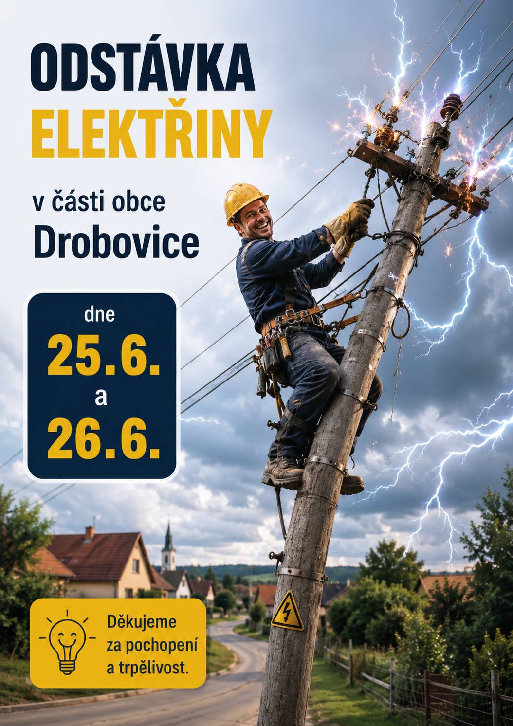 odstávka elektřiny v obci Drobovice Sousedé, připravte si svíčky, nabijte powerbanky a vyndejte deskové hry! Naše rozvodná síť nutně potřebuje trochu té  péče, a proto u nás na chvíli zhasneme.