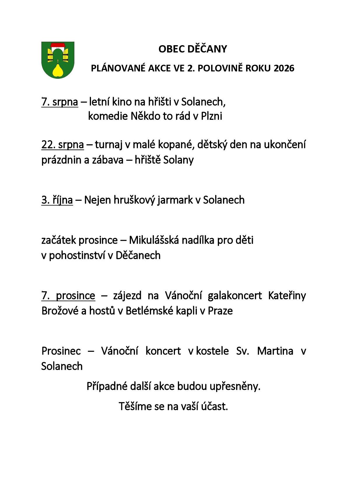 Zveme všechny občany i příznivce obce Děčany na akce, které jsou plánovány do konce roku 2026.