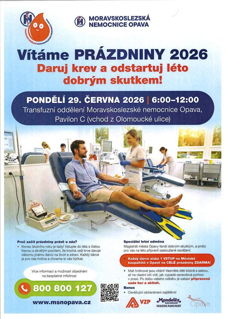 Vítáme prázdniny 2026 - Daruj krev a odstartuj léto dobrým skutkem