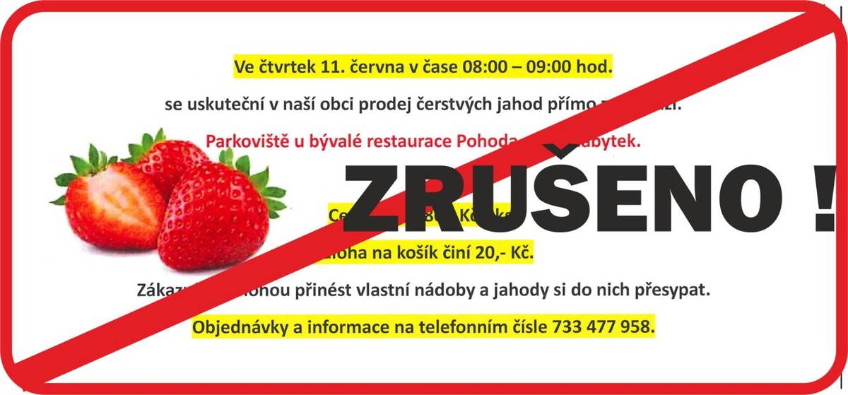 Z R U Š E N O !  Bohužel, vzhledem k velkým dešťovým srážkám na severu Moravy, utrpěly plantáže jahod výrazné škody na plodinách a tak jejich sběr musel být nyní odložen. O případném zlepšení podmínek na plantáži vás budeme informovat.