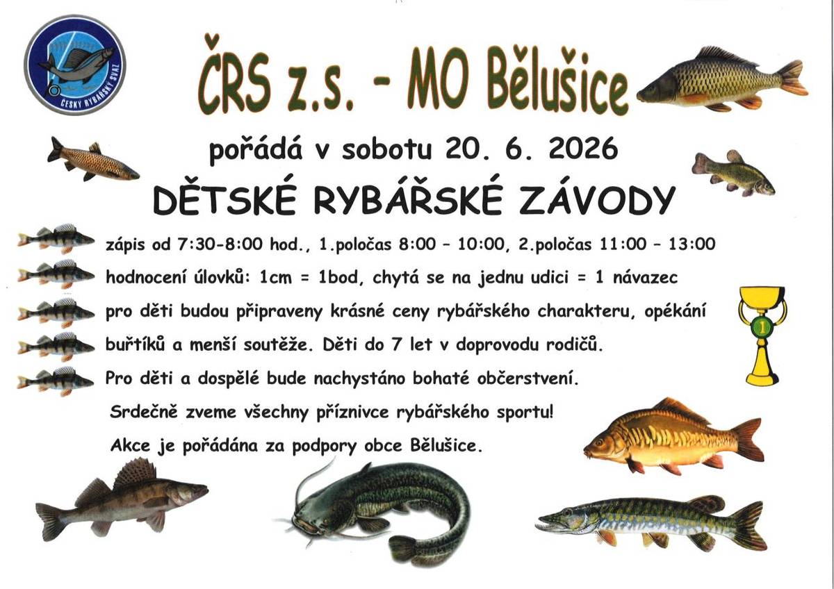 Zápis od 7:30 - 8:00 hod., 1.poločas 8:00 - 10:00, 2.poločas 11:00 - 13:00. Děti do 7 let v doprovodu rodičů. Pro děti a dospělé bude nachystáno bohaté občerstvení. Srdečně zveme všechny příznivce rybářského sportu. Akce je pořádána za podpory obce Bělušice.