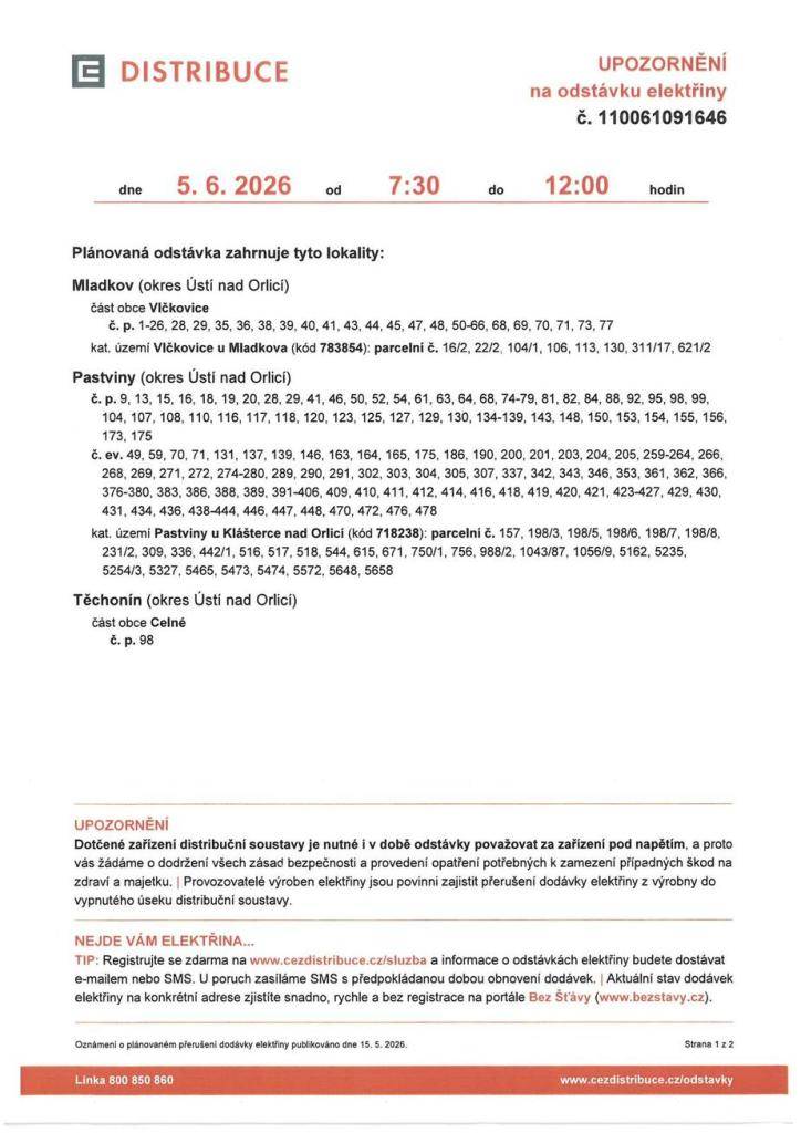 Přerušení dodávky elektřiny Vlčkovice 5.6.2026