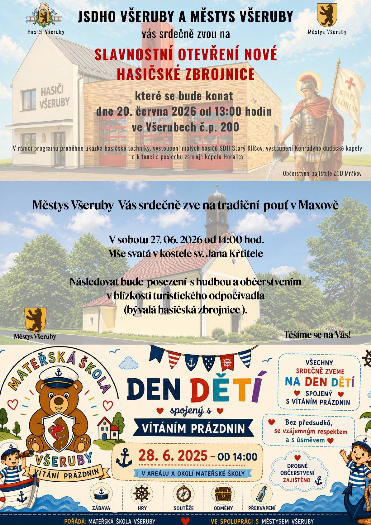 Vážení,v červnu nás čekají následující kulturní akce: Slavnostní otevření hasičské zbrojnice-20.06.2026 od 13:00h,Maxovská pouť-27.06.2026 od 14:00h,Den dětí spojený s vítáním prázdnin - 28. 06. 2026 od 14:00h.Jste všichni srdečně zváni.