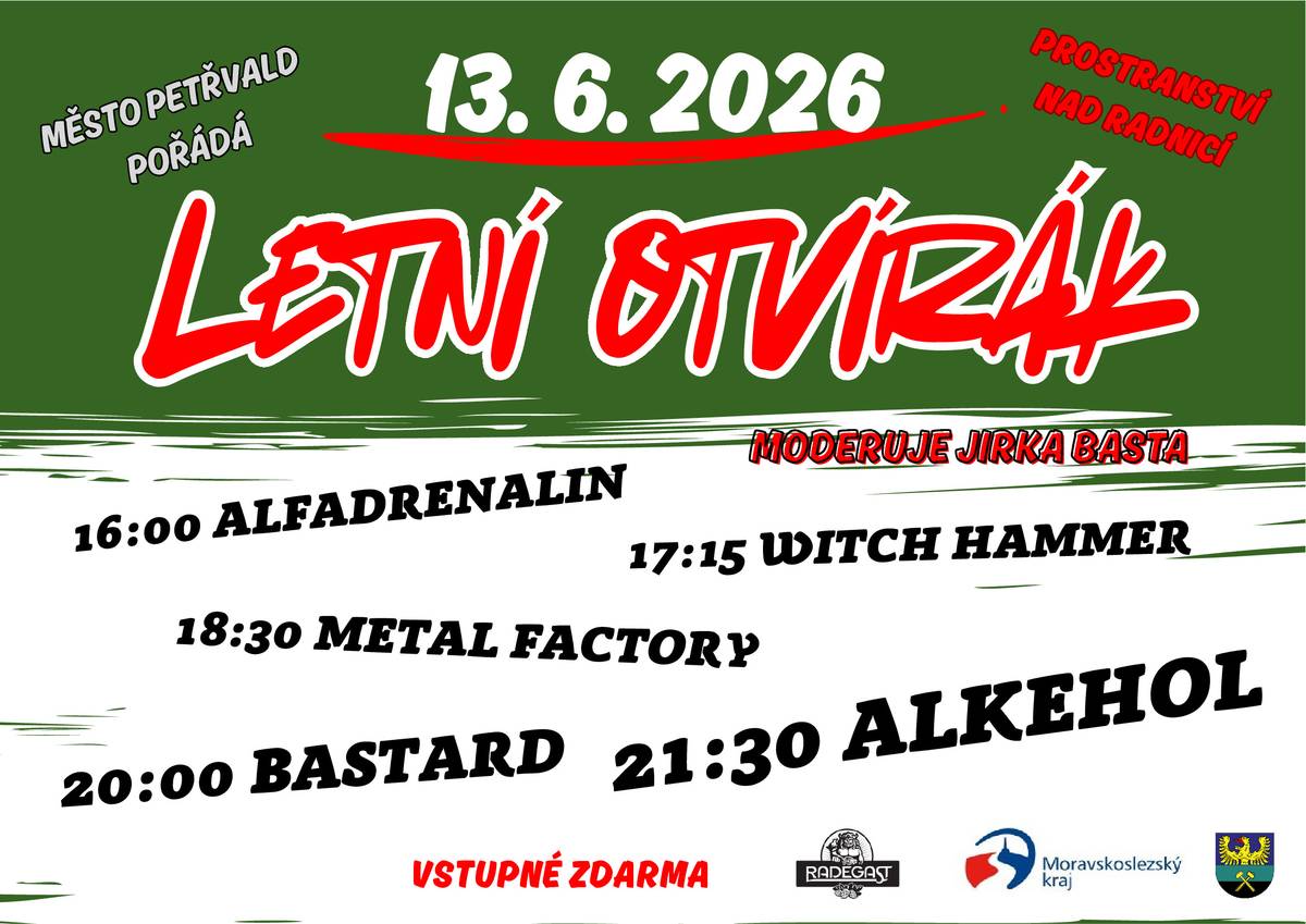 Srdečně zveme na akci Letní otvírák. V sobotu 13.6.2026 od 16:00, prostranství nad radnicí. Vstup zdarma.