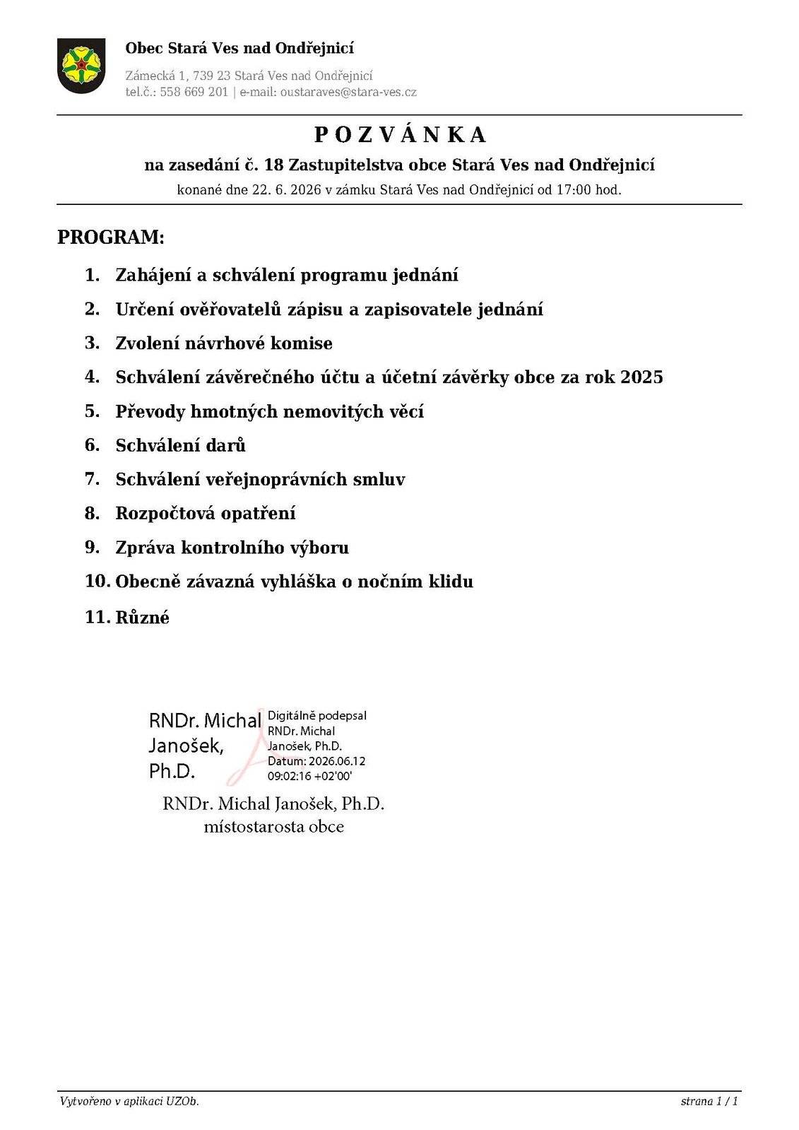 Zveme Vás na 18. zasedání Zastupitelstva obce Stará Ves nad Ondřejnicí, které se bude konat dne 22. 6. 2026 od 17:00 v zámku ve Staré Vsi nad Ondřejnicí.