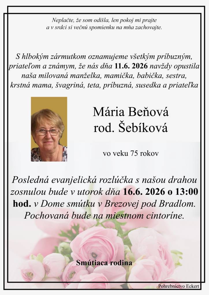 Smútočné oznámenie - Mária Beňová, rod. Šebíková
