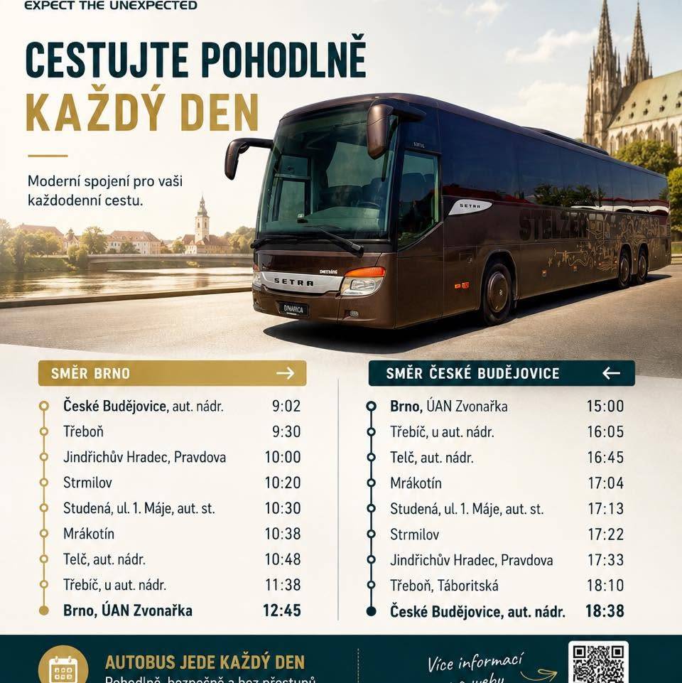 Od 14. června 2026 společnost DINARICA zahajuje provoz nové pravidelné linky spojující České Budějovice, Třeboň, Jindřichův Hradec, Strmilov, Mrákotín, Telč, Třebíč a Brno.