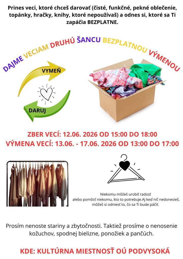 Akcia dajme veciam druhú šancu bezplatnou výmenou bude prebiehať v kultúrnej miestnosti obecného úradu Podvysoká od 12.06. do 17.06.2026. Viac informácií o čase a podmienkach akcie sa Vám zobrazí kliknutím na túto správu.