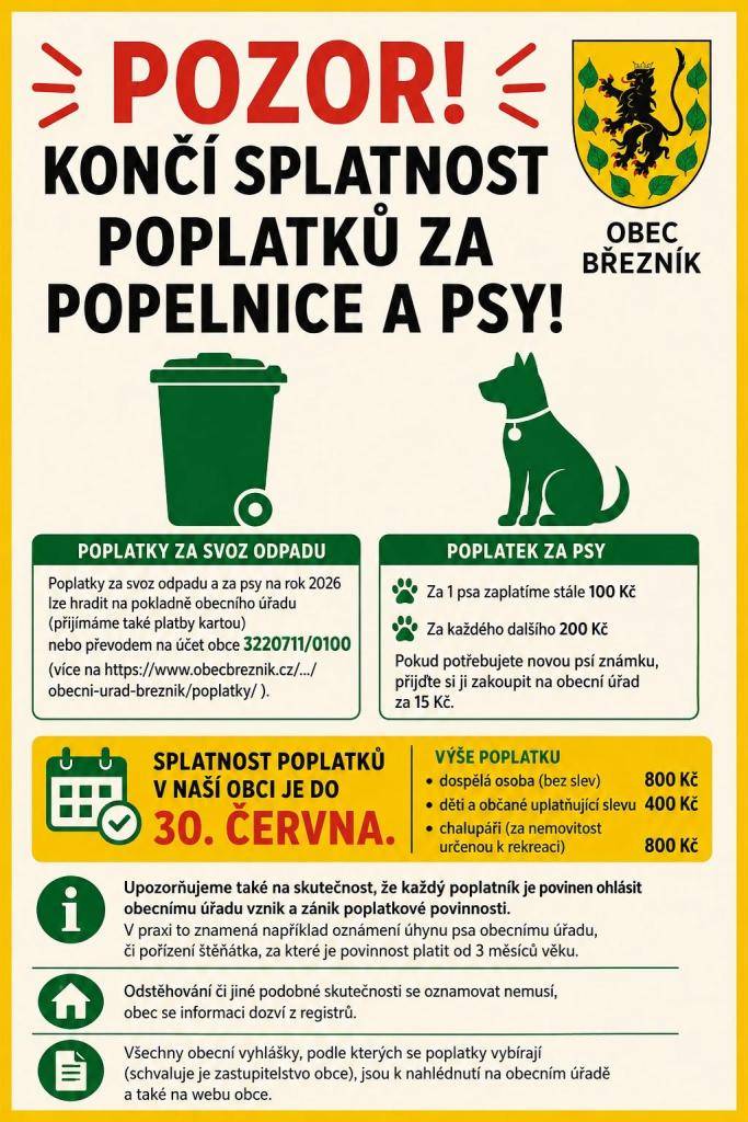 Připomínáme občanům, že poplatky za svoz komunálního odpadu a za psy na rok 2026 je nutné uhradit nejpozději do 30. června 2026.