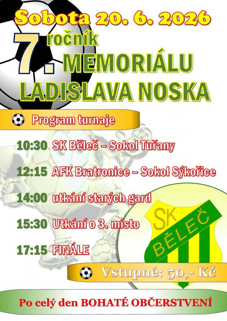 Zveme vás na 7. ročník fotbalového turnaje, který se uskuteční v sobotu 20.června 2026 od 10:30 hodin na stadionu Josefa Zaspala.