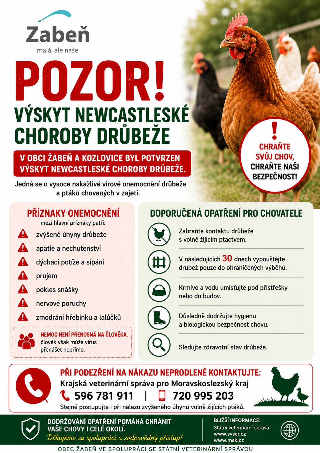 Vážení občané,   Krajská veterinární správa pro Moravskoslezský kraj informuje o potvrzeném výskytu newcastleské choroby (pseudomoru drůbeže) v nekomerčních chovech v obcích Žabeň a Kozlovice. Jedná se o vysoce nakažlivé virové onemocnění drůbeže, které může způsobit vysoké ztráty v chovech. Z tohoto důvodu veterinární správa doporučuje všem chovatelům drůbeže a dalších ptáků chovaných v zajetí: - zabránit kontaktu chované drůbeže s volně žijícím ptactvem, - po dobu následujících 30 dnů vypouštět drůbež pouze do ohraničených výběhů, - umístit krmivo a napájecí vodu pod přístřešky nebo do budov tak, aby nemohly být znečištěny trusem volně žijících ptáků, - důsledně dodržovat hygienu a zásady biologické bezpečnosti v chovech.