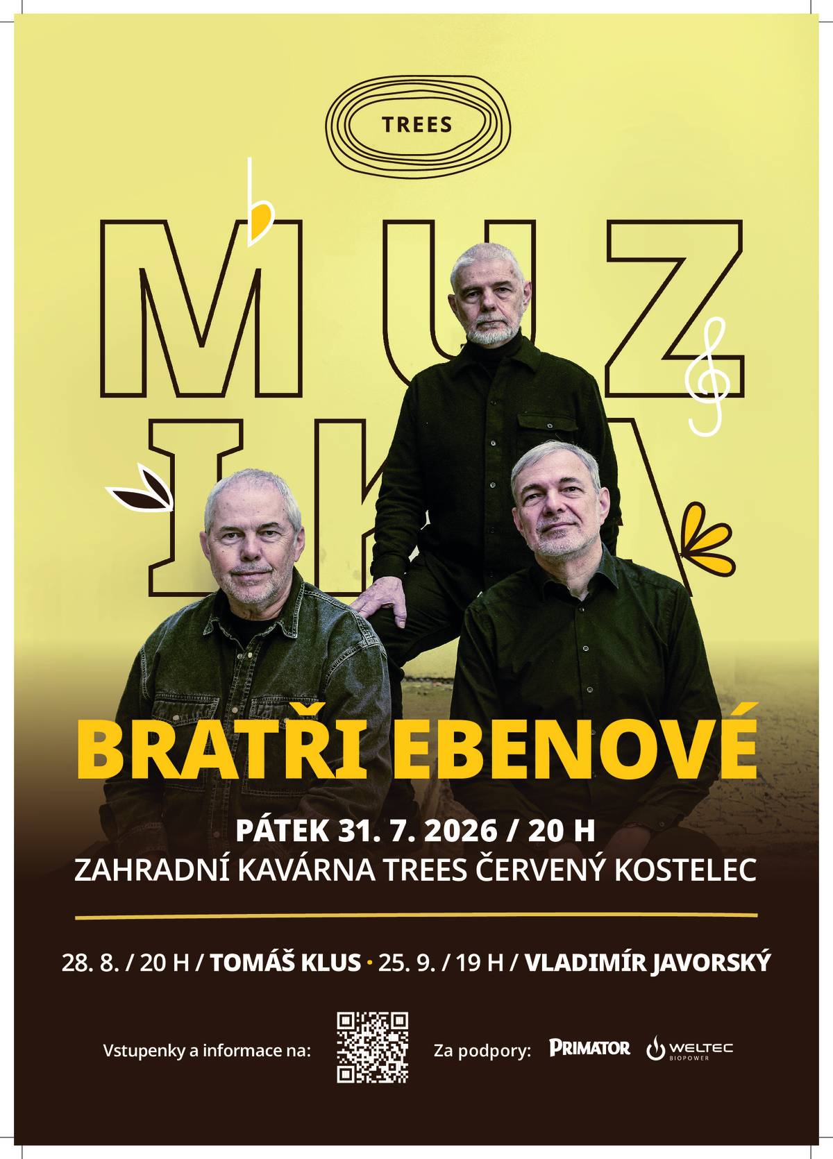 Jedinečný open air koncert v Trees: Bratři Ebenové Originální „ebenovský“ zvuk přivezou do zahradní kavárny Trees v Červeném Kostelci Bratři Ebenové, kteří tady vystoupí v pátek 31. července od 20 hodin v rámci koncertu pod širým nebem. Bratrské trio – Marek, Kryštof a David – je na české hudební scéně svým přístupem zcela ojedinělé, takže půjde o nevšední letně-hudební zážitek.   Synové významného hudebního skladatele Petra Ebena dostali klasické hudební vzdělání, zároveň však vstřebávali vlivy moderní folkové, jazzové a rockové muziky. Díky jejich schopnosti čerpat ze všech těchto zdrojů a umění používat různé neobvyklé hudební nástroje vznikl absolutně netradiční, na české scéně nenapodobitelný „ebenovský zvuk“. Navíc ve spojení s výjimečnými texty Marka Ebena jsou Bratři Ebenové na české hudební scéně zcela jedineční. Vstupné na koncert je 600 Kč, děti do 12 let zdarma. Vstupenky je možné zakoupit v předprodeji na webu treesck.cz.