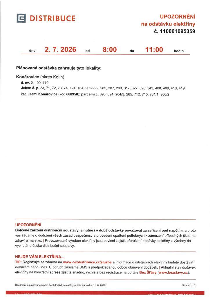 Plánovaná odstávka elektřiny 2.7.2026 od 8:00 - 11:00 v lokalitě JELEN viz.příloha.