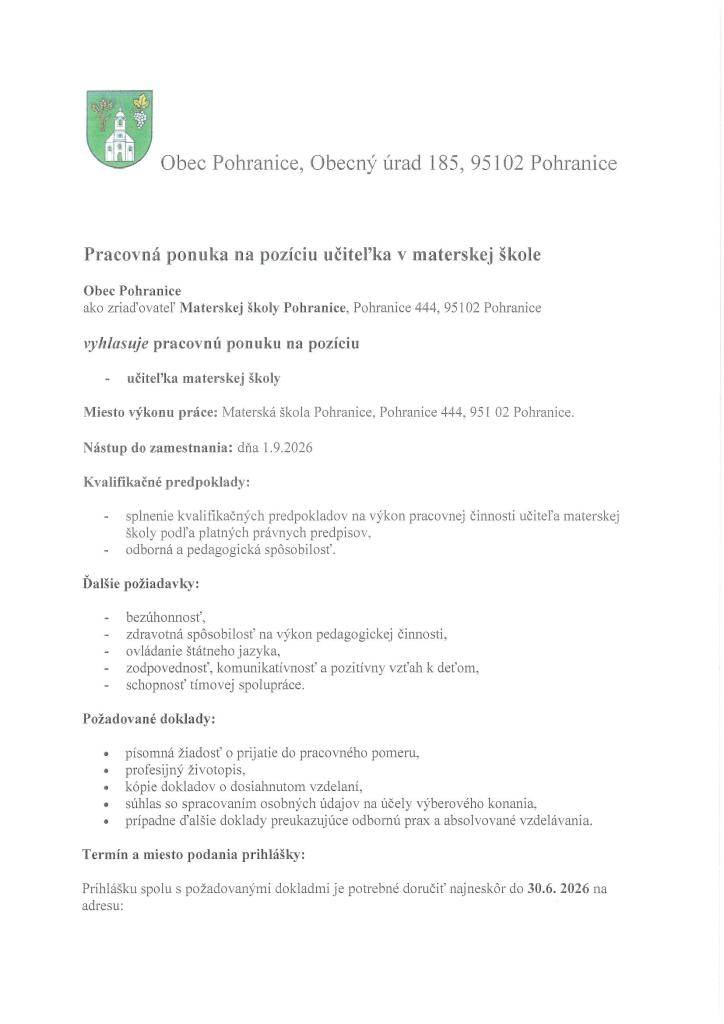 Pracovná ponuka do MŠ  Pohranice  Álláshirdetés a Pogrányi Óvodába