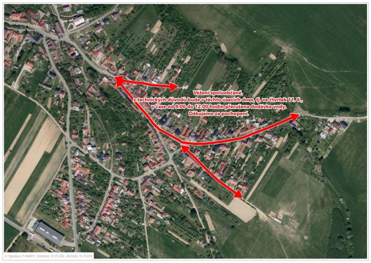 Dnes, 11.6.2026, bude přerušená dodávka vody v době od 9:00 do 12:00 hodin, v části obce od čp. 108 po č.p. 180, od č.p. 189 po č.p. 336 a od č.p. 144 po č.p. 125.