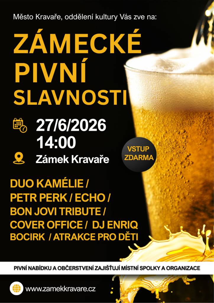 Město Kravaře pořádá 27. 6. od 14 hodin na zámku v Kravařích Zámecké pivní slavnosti. Bohatý program zajištěn, vstup zdarma.