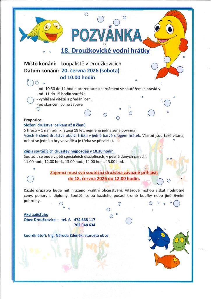 Vážení občané, obec Droužkovice Vás zve dne 20.06.2026 od 10:00 na Droužkovické vodní hrátky.