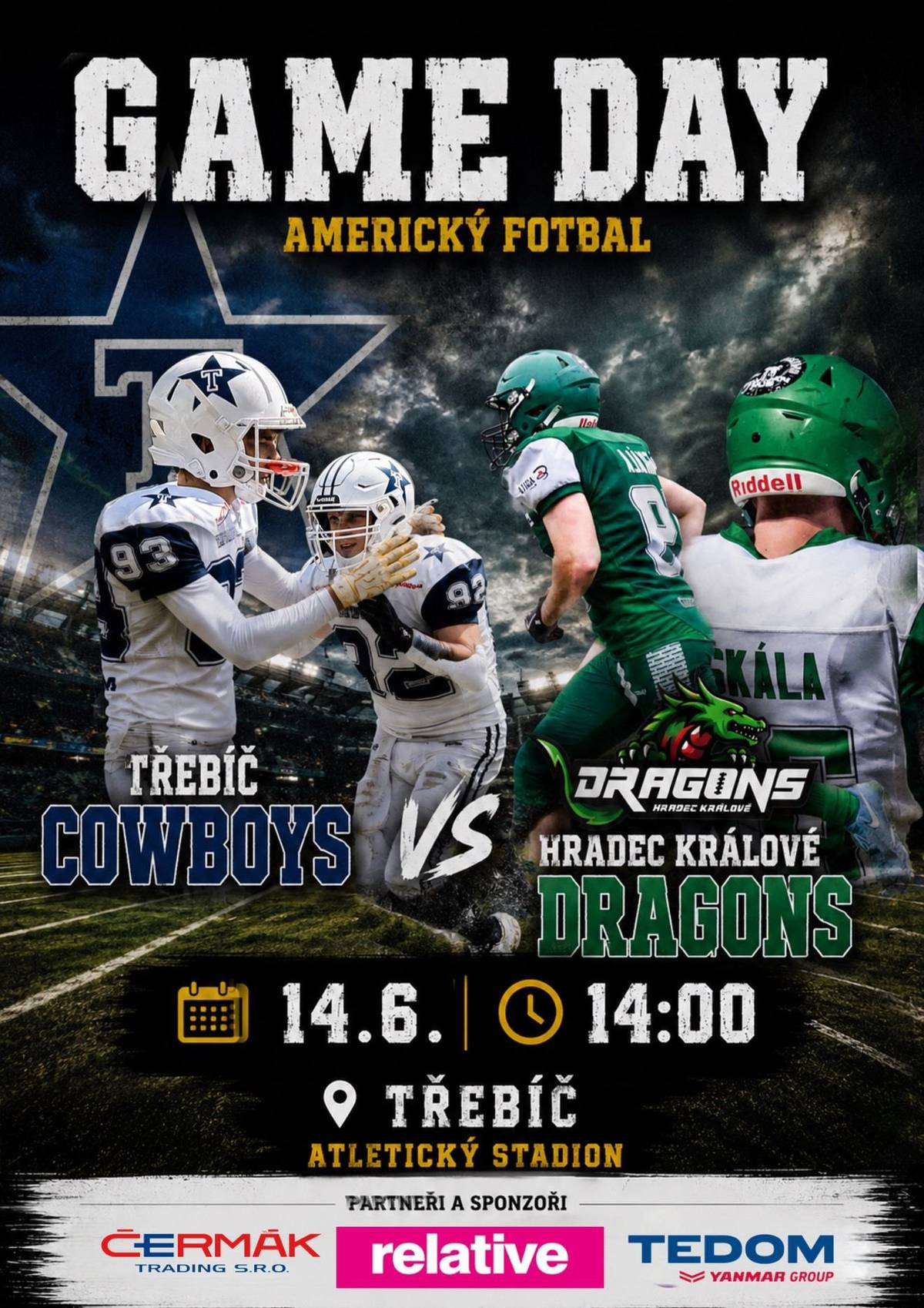 Zveme vás na zápas amerického fotbalu! 🏈 Třebíč Cowboys vs Hradec Králové Dragons! 📅 14. 6. 2026 🕑 Od 14:00 📍 Atletický stadion Třebíč