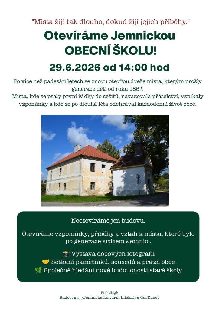 Spolek Radost z.s. vás zve na akci, která se koná v bývalé Jemnické škole v pátek 29.6.2026 od 14 hodin.