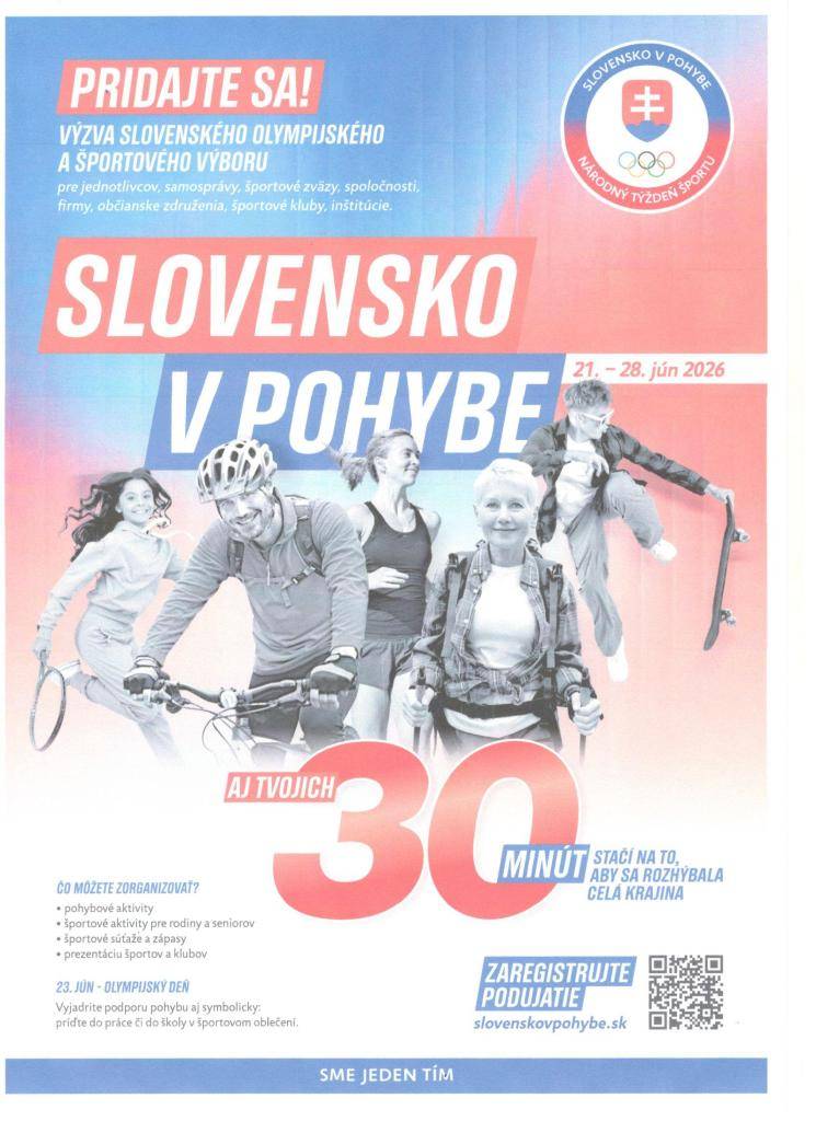 Slovenský olympijský a športový výbor pripravuje na štvrtý júnový týždeň 2026 iniciatívu „Národný týždeň športu, pohybových aktivít a zdravého životného štýlu - Slovensko v pohybe“
