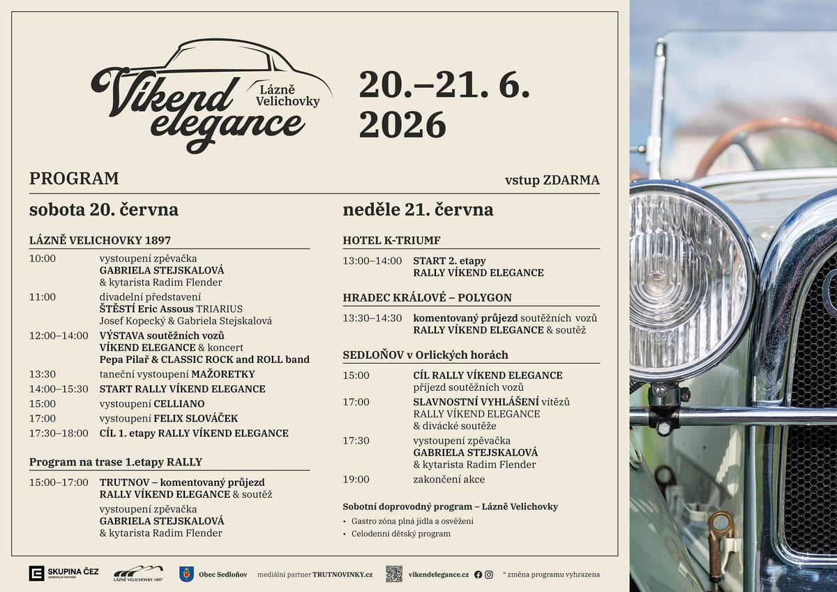 ZVEME SRDEČNĚ NA ZAKONČENÍ "VÍKENDU ELEGANCE" v neděli 21.6.2026 odpoledne, k nám do Sedloňova. Více informací o celé akci se dozvíte v přiloženém letáčku. Vstup zdarma, občerstvení zajištěno.