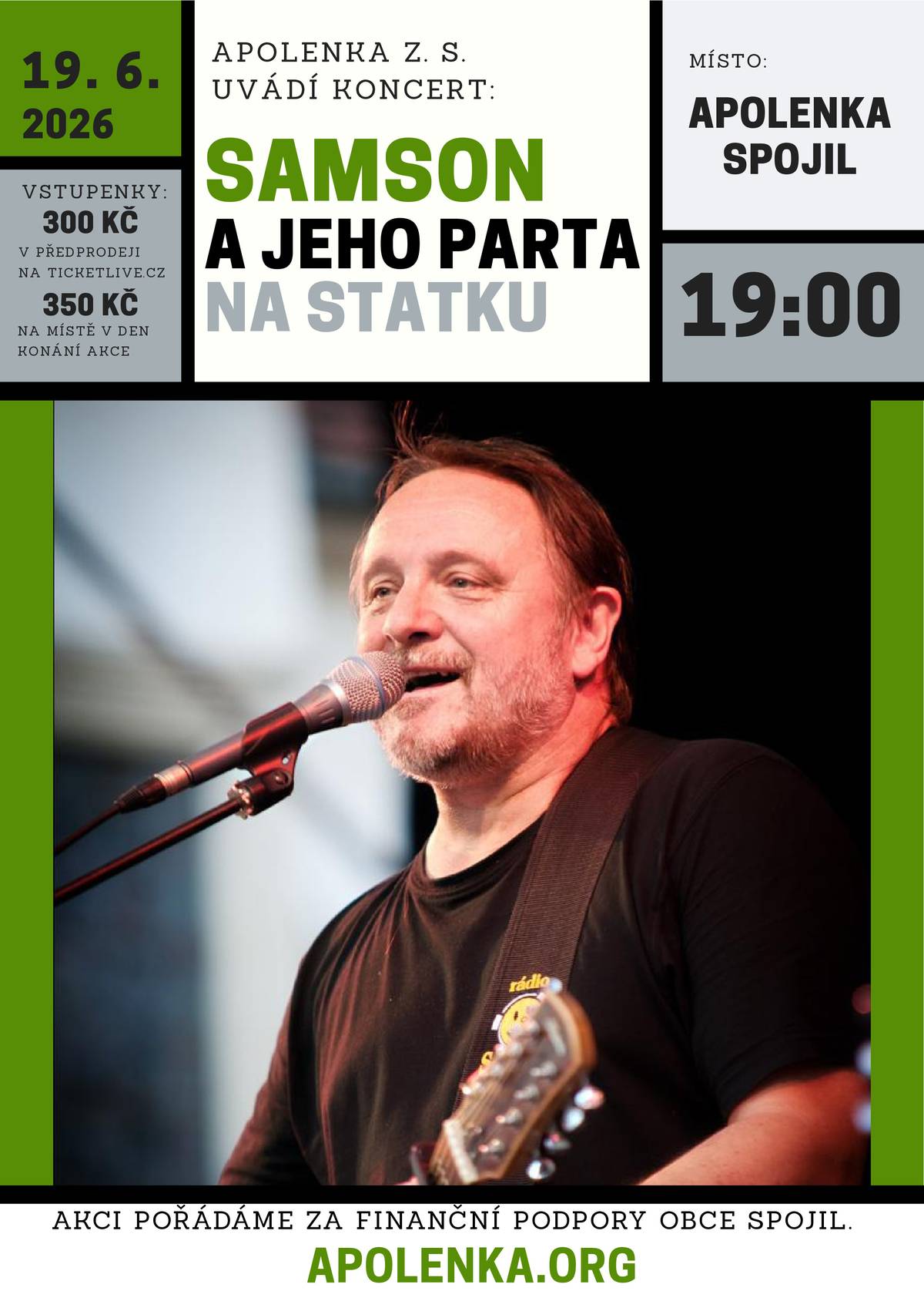 Zveme na koncert kapely SAMSON A JEHO PARTA NA STATKU, který se bude konat 19.06.2026 od 19:00 hodin v Apolence. Akce je pořádána za finanční podpory obce Spojil. Pro občany Spojila budou vstupenky zdarma k vyzvednouti na OÚ v úředních hodinách.